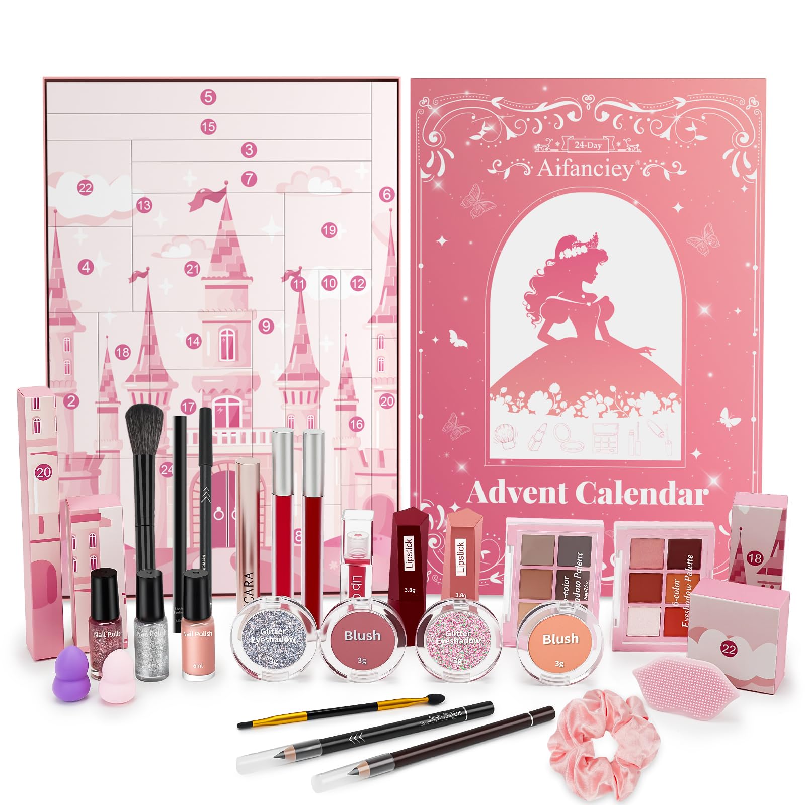 Calendrier de L'avent Maquillage 2025 pour Fille, 24 Beauté Coffret Cosmétique de Noël avec Gloss, Blush, Pinceaux et Mascara, Sûr pour la Peau, Doux et Non Irritant, Cadeau pour Une Princesse