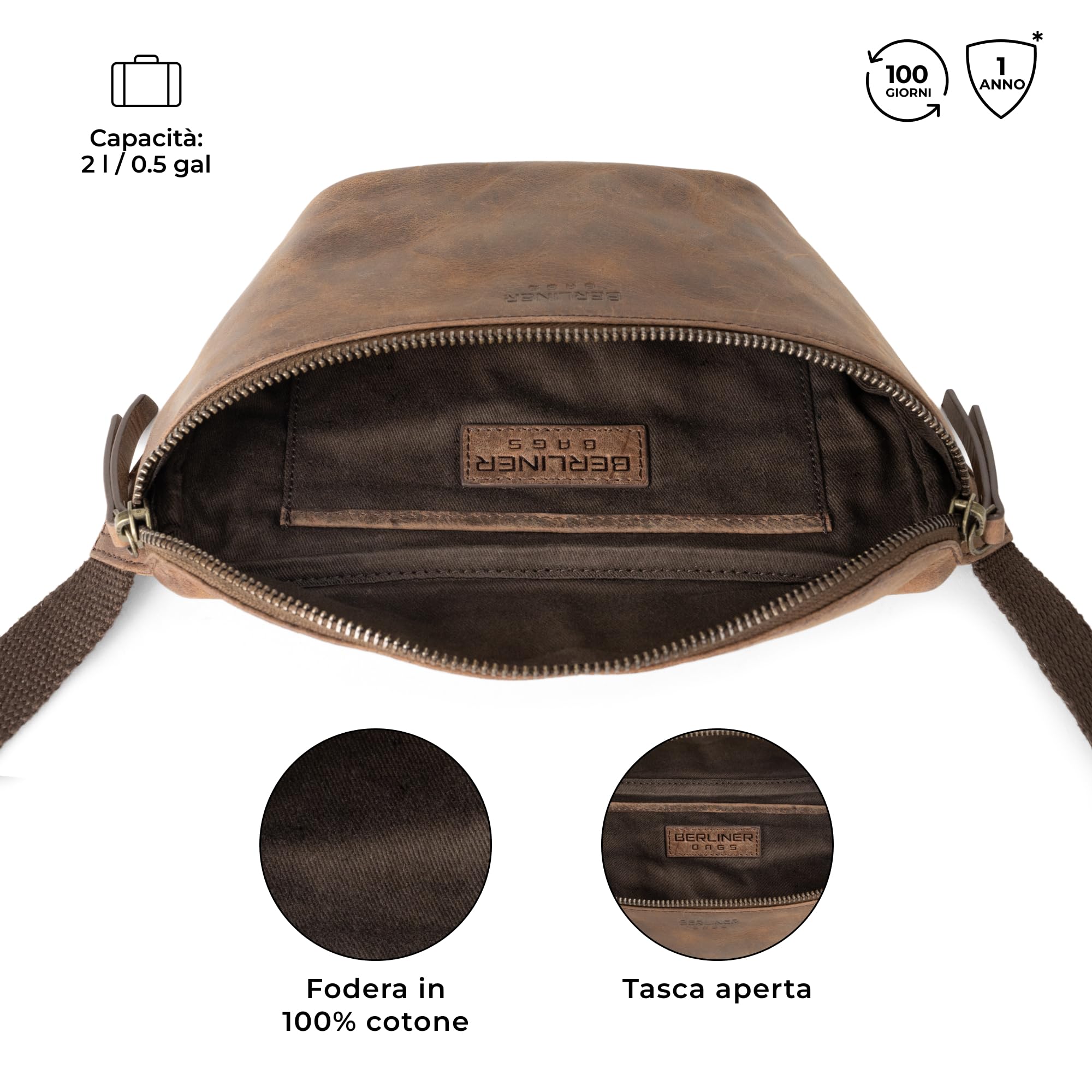 Berliner Bags Marsupio da Cintura Noah, Waist Bag Unisex Regolabile, Marsupio Uomo e Donna – Marrone