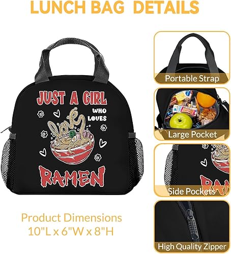 Miniatura 3 de Lonchera Ramen para niños, lonchera aislada para niñas, color negro, lindas bolsas de almuerzo con correa, bolsa de almuerzo reutilizable mediana