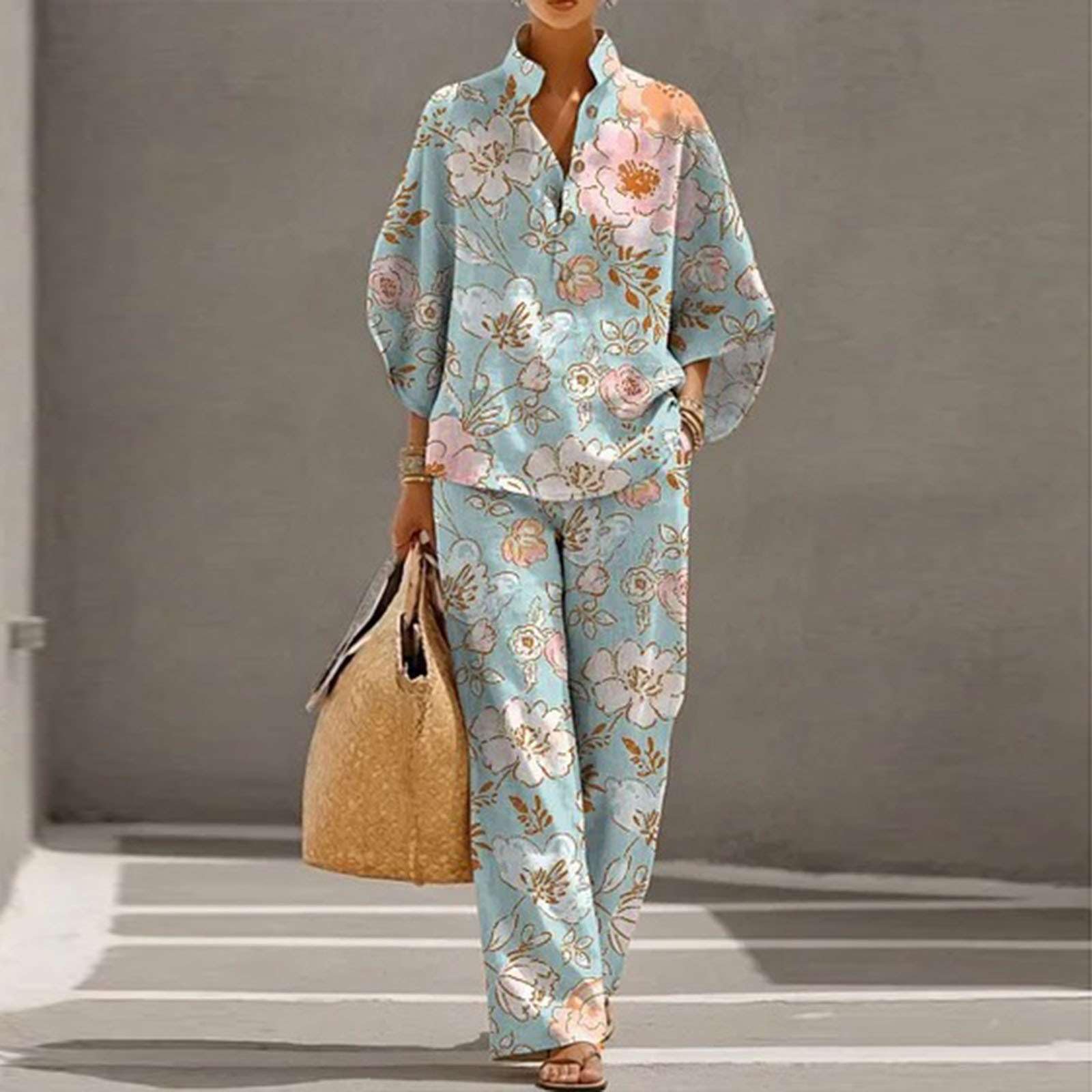 Générique Ensemble Femme Été 2 Pièces Lin Coton Imprimé Floral Chic Boho Tailleur Pantalon Jambe Large Tunique Manches Longues Décontracté Élégant Vacances Plage Jumpsuit Fluide Léger