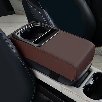 Car Center Console Armrest Pillow, 13.9"7.95" Leather Car Armrest Cover Cushion with Cup Holder & Phone Holder, Universal Memory Foam Middle Console Arm Rest Protector Cover Coffee