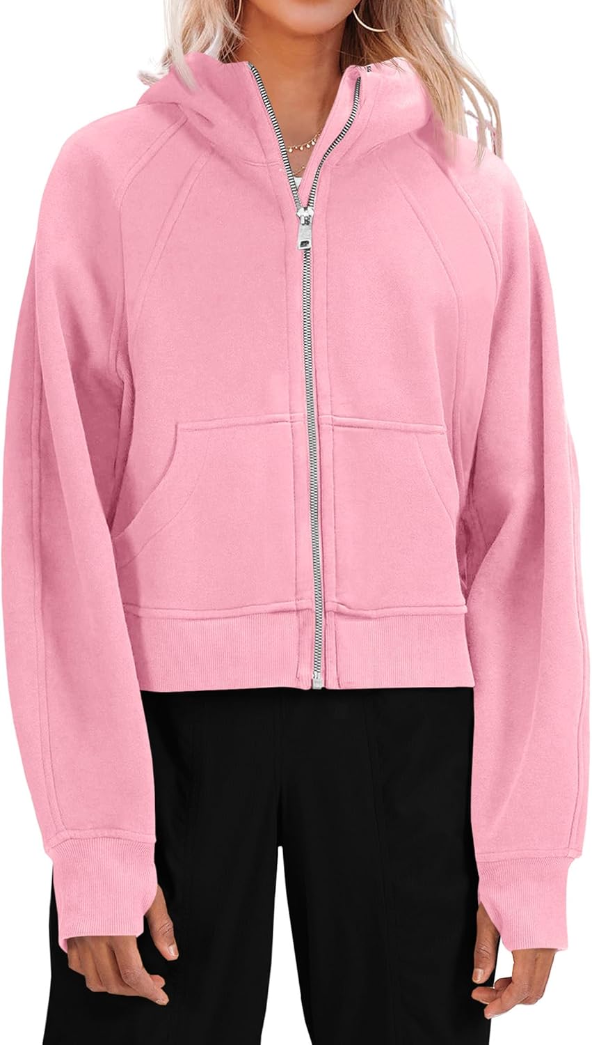 Fisoew Womens Zip Up Sweatshirts Fleece Lined Collar Crop Hoodie Casual Cotton Long Sleeve Tops with Thumb Hole Light Pink Medium