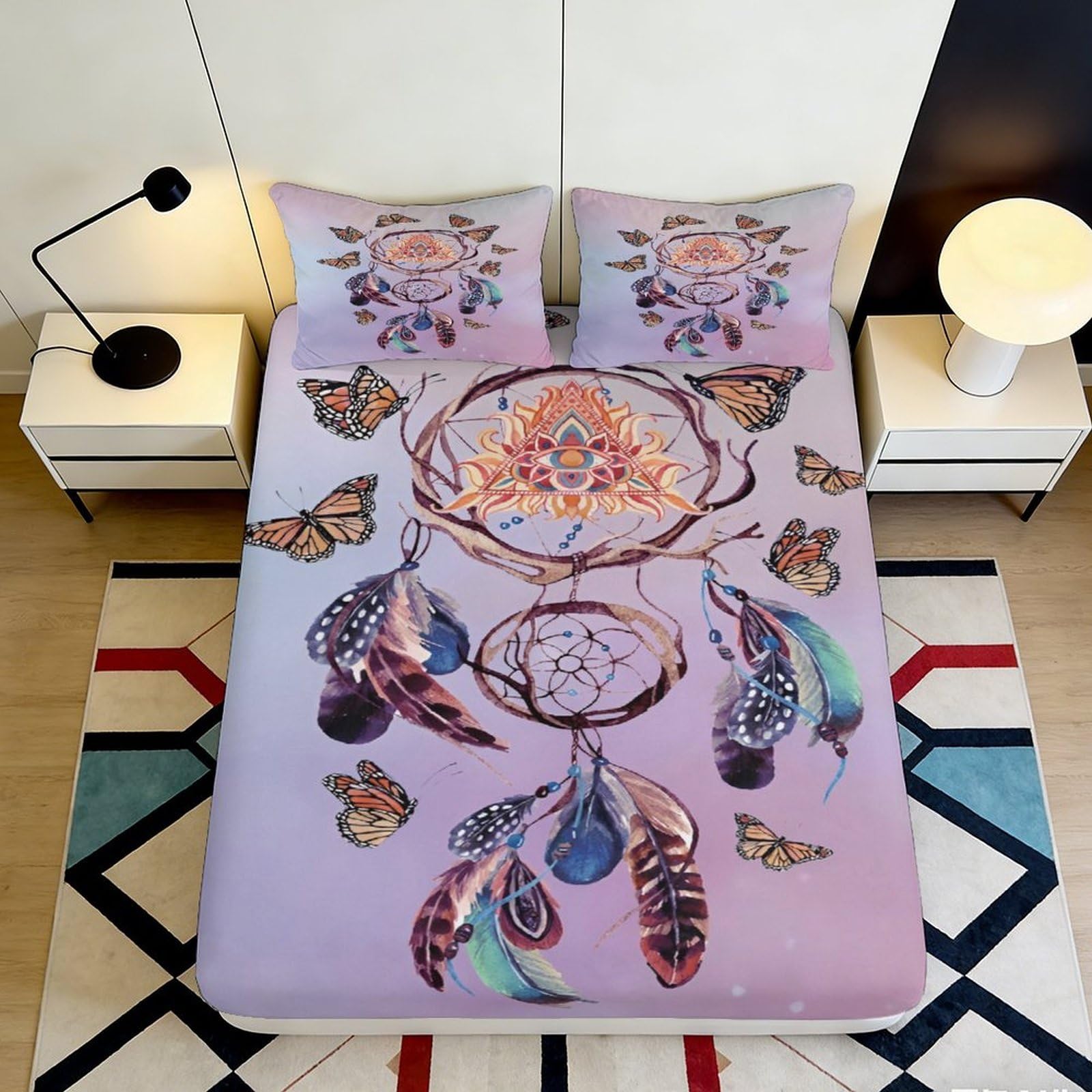 3D Printed Dreamcatcher Butterfly Fitted Sheet Microfiber Soft Lilac Bed Cover for Bedroom Guest Room Decor Dustproof 90x200x25cm
