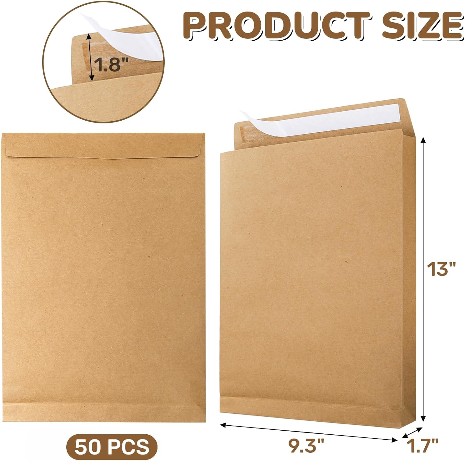 50 Pack 13.2" x 9.4" Expandable Envelope, Large Kraft Catalog Envelopes, Peel and Seal Document Organizer, Thick Manilla Folders for Home, Office, Business, Photo, Magazine, Mailing, Storage