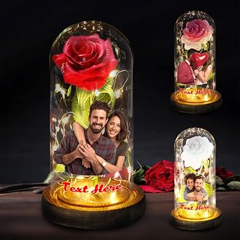 Custom Photo Rose Night Light Personalized Eternal Rose Night Lamp in Glass Dome Customized Picture LED Light Gifts for Valentines Day Birthday Mothers Day and Anniversary