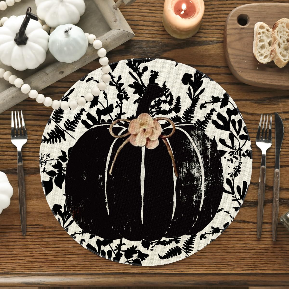 Artoid Mode Black Floral Pumpkin Round Fall Placemats Set of 4-14 Inch