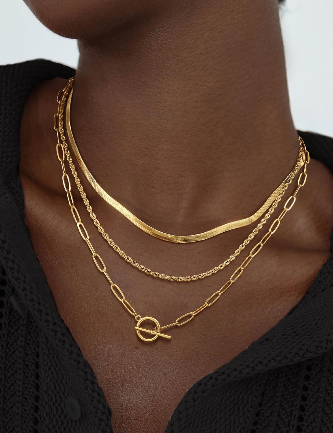 Layered Necklace Set for Women, 3 Pcs Dainty Stackable Necklaces with Snake Chain Rope Chain Paperclip Chain & OT Toggle Clasp, 14K Plated/Sterling Silver Plated Trendy Minimalist Jewelry Gift - Image 3