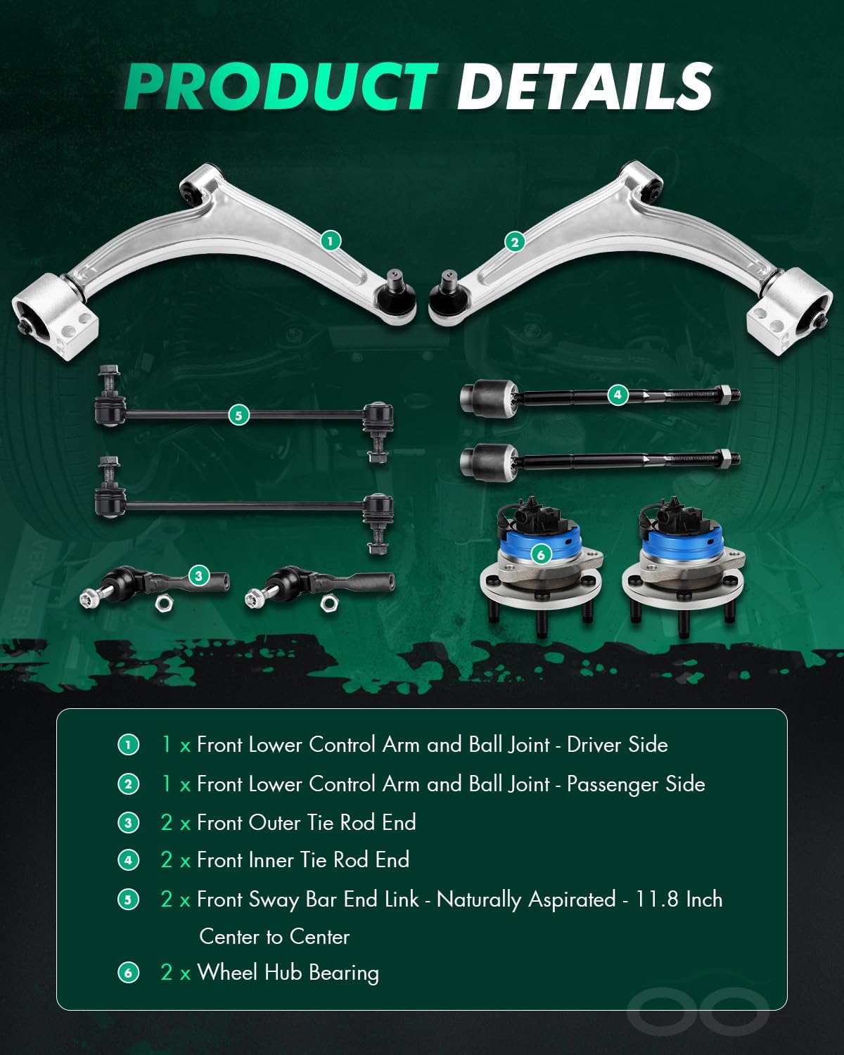 SCITOO 10pcs Front Suspension Kit Lower Control Arm And Ball Joints Sway Bar Links Tie Rod Ends Wheel Bearing Hub fit 2004-2012 for Chevy for Malibu 2005-2010 for Pontiac G6 2007-2009 for Saturn Aura