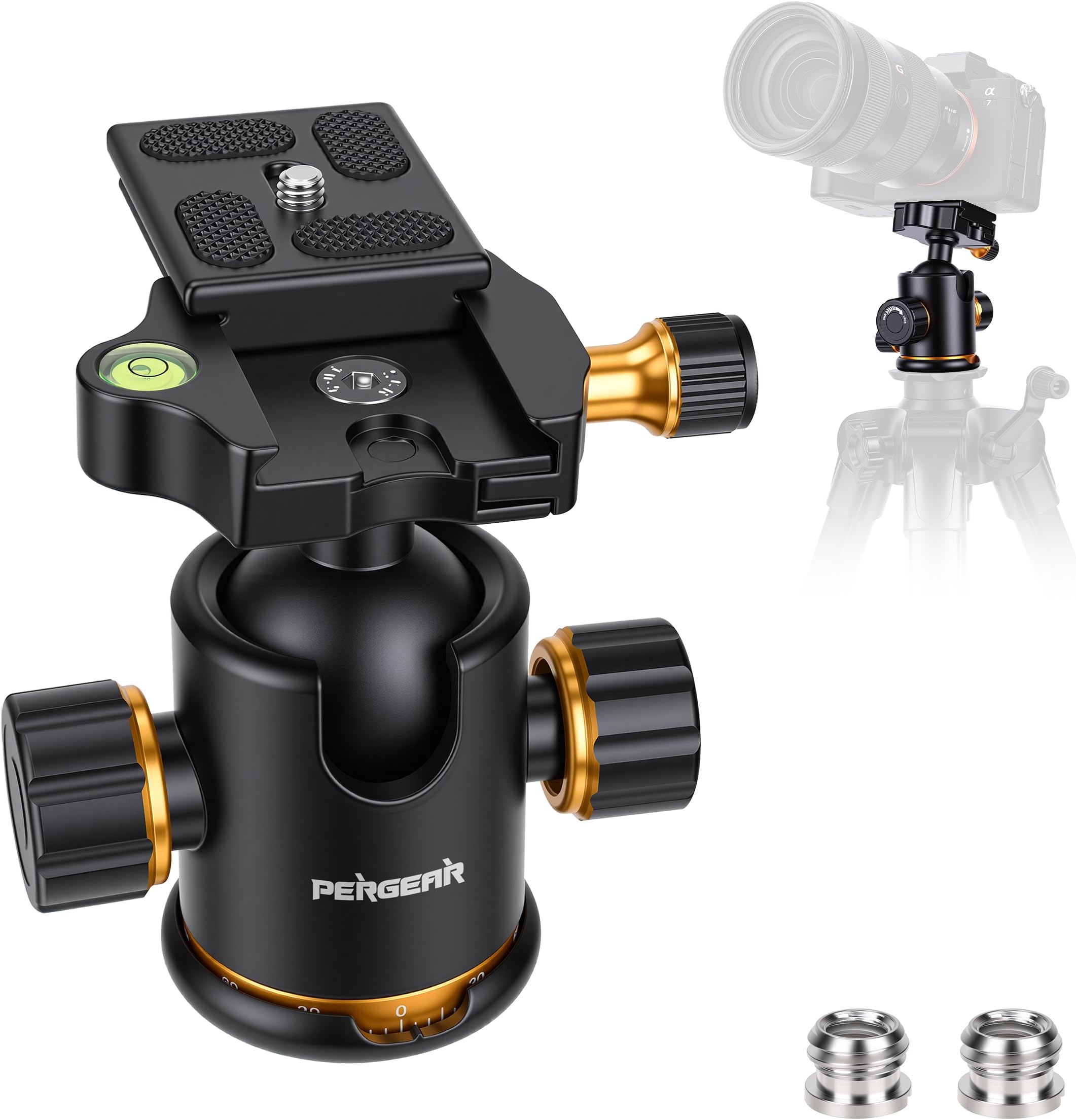 PERGEAR 36mm Aluminum Tripod Ball Head, Max Load up to 17.6lb/8kg, 360° Panoramic Rotation with 1/4 Quick Release Plate Bubble Level for DSLR Camera, Slider, Tripod, Light, Camcorder, Monopod