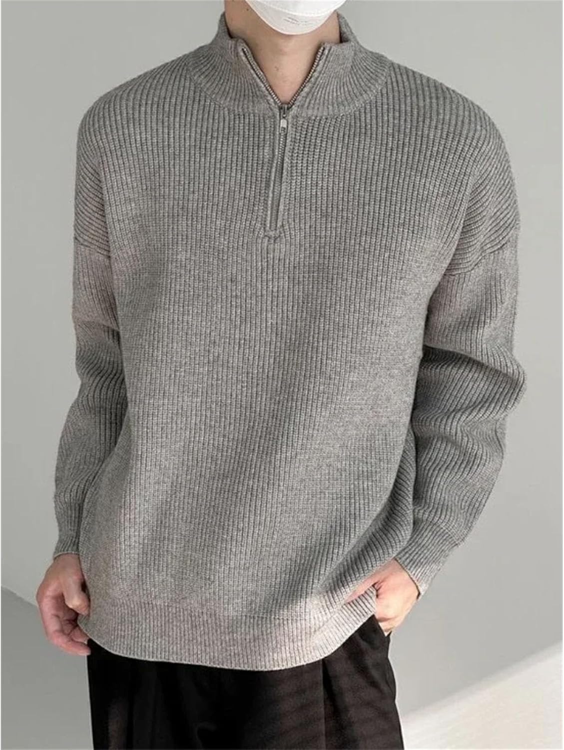 Men's Pullovers Black Knit Sweater Zip-up Coat Jacket Collared Warm Spring Neck Cotton Coats