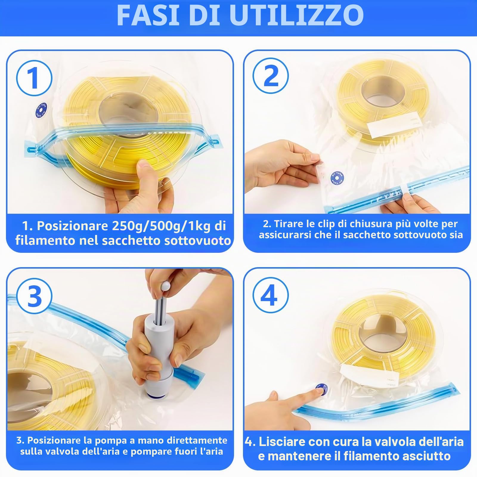 YOUNGSAY 24 Sacchetti Sottovuoto per Filamenti 3D + 48 Essiccante, 34 x 30cm Sacchetti Sottovuoto per Filamenti per Stampante 3D con Pompa Manuale e Clip di Tenuta per PLA ABS PETG TPU