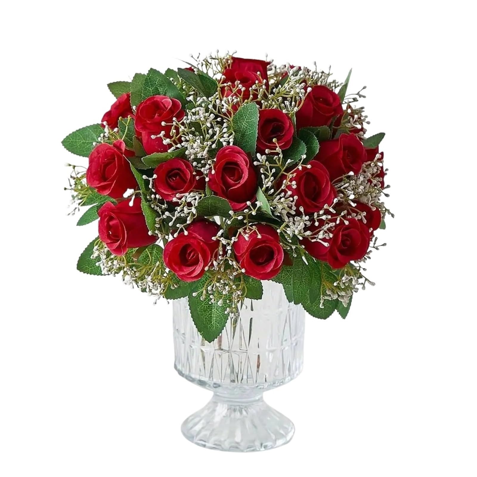 UBOHUZ 24pcs Artificial Rose Flowers With Gypsophila Fake Silk Bouquet With Stems For Home Garden for Wedding Bridal Bouquet(Red)