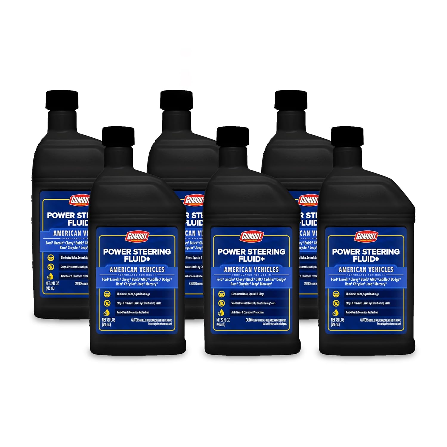 GUMOUT Power Steering Fluid+ for Ford/Lincoln/Chevy/GMC and Other American Vehicles | 32 Fl. oz. (6-Pack)