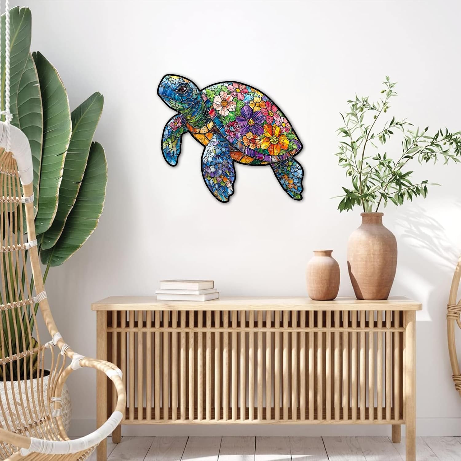 Wooden Turtle Puzzle for Adults Teens Kids, Stained Glass Jigsaw Puzzle 120 Pieces, Colorful Mosaic Sea Turtle Flower Wood Puzzles,Unique Animal Shape, Fun Challenging Family Games