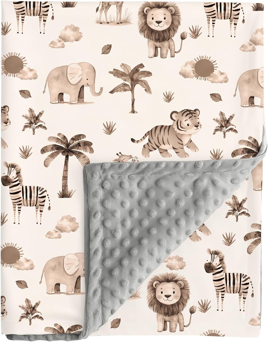 Safari Baby Blanket Jungle Animals Gender Neutral Minky Blankets for Newborn Baby Girls or Boys Lion Nursery Toddler Double Layer Blanket with Dotted Backing and Safari Animal Printed (Animal Print)