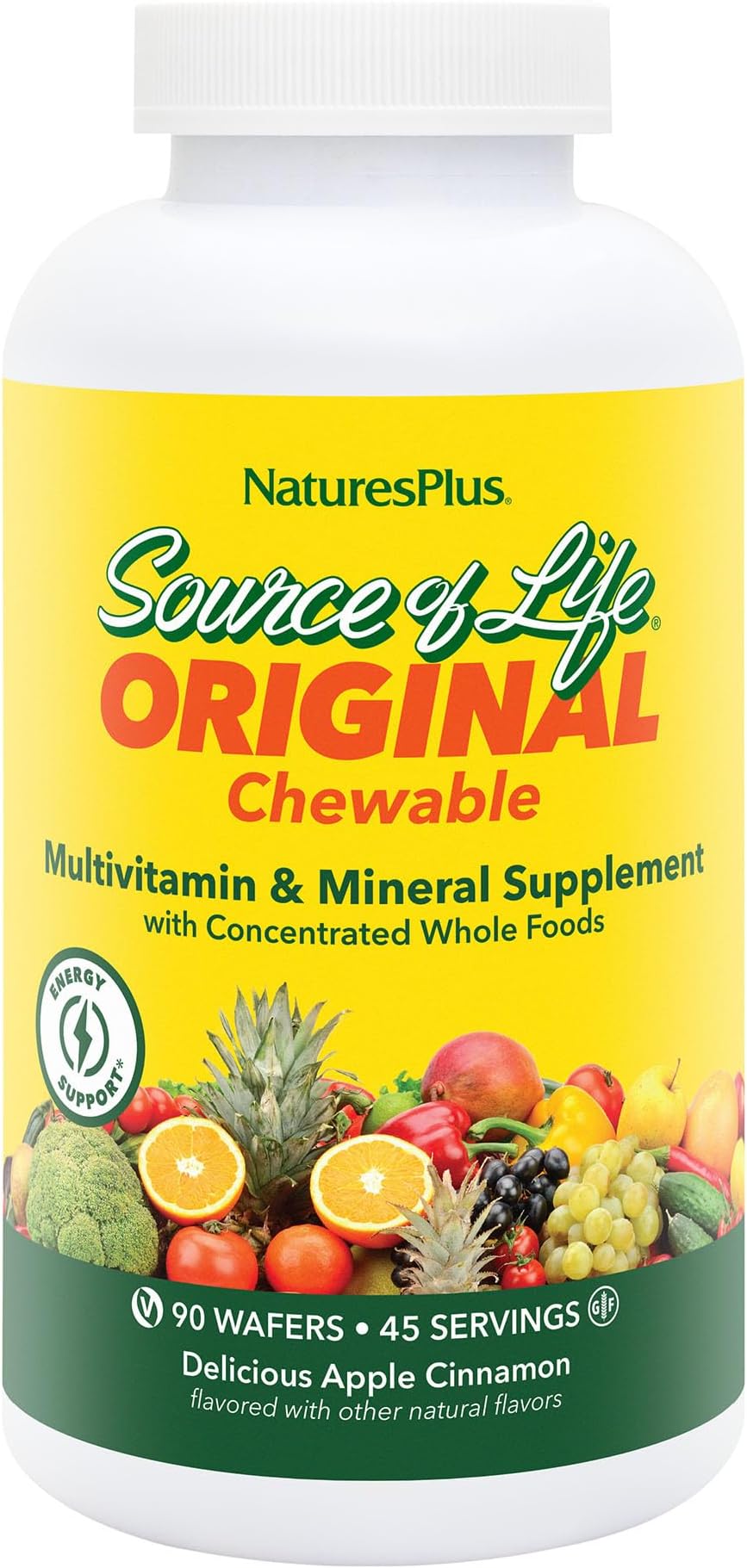 NaturesPlus Source of Life Adult’s Chewable, Apple Cinnamon - 90 Wafers - Multivitamin & Mineral Supplement - Immune & Digestive Health Support with Vitamin D3 - Gluten Free, Vegetarian - 45 Servings