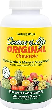 NaturesPlus Source of Life Adults Chewable, Apple Cinnamon - 90 Wafers - Multivitamin & Mineral Supplement - Immune & Digestive Health Support with Vitamin D3 - Gluten Free, Vegetarian - 45 Servings