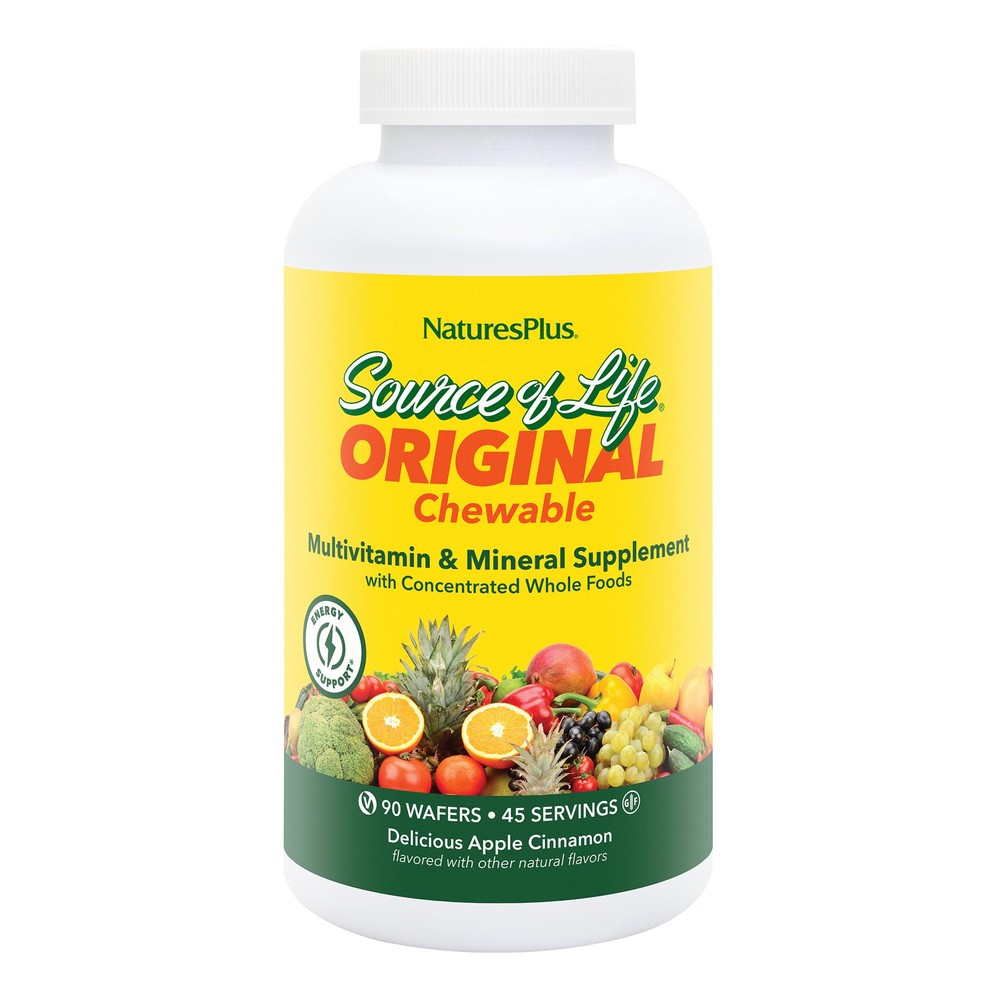 NaturesPlusSource of Life Adult Chewable Multivitamin - Apple Cinnamon Flavor - Natural Whole Foods Supplement - Overall Health, Energy - 90 Vegetarian Wafers (45 Servings)