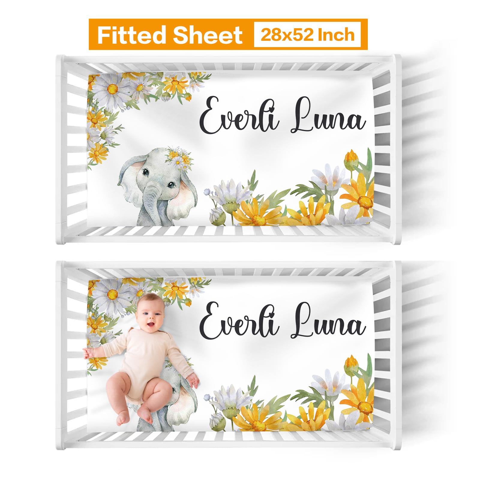 Duckbe Personalized Baby Crib Bedding Set: Custom Baby Girl Crib Bedding Set Nursery Blanket Crib Sheet Changing Pad Cover with Elephant Chrysanthemum Red Bedding