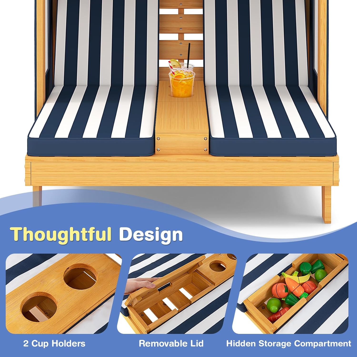 COSTWAY Kids Double Chaise Lounge Outdoor, 2-Seat Patio Lounge Chair with Cup Holders & Cushions, Kids Pool Lounger with Canopy, Wood Patio Furniture for Children Boys Girls 3 Year Old (Navy)
