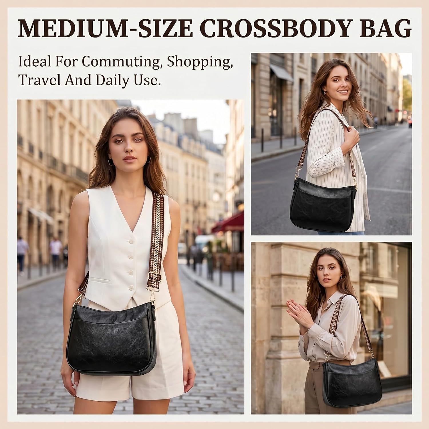 WITERY Crossbody Bags for Women Trendy Vegan Leather Shoulder Purse Handbag with Adjustable Guitar Strap Ladies Hobo Purse