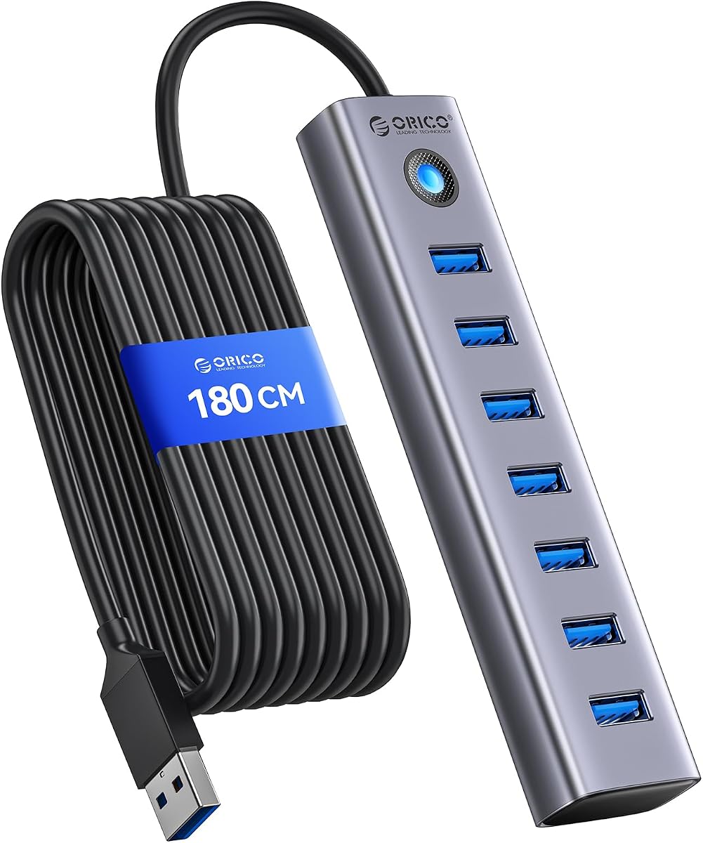7-Port USB 3.0 Hub, Aluminum USB Multiple Adapter, 5Gbps USB Extender USB Splitter with 6Ft Cable, UBS-A Hub Long Cable for Desktop, PC, Flash Drive, Mobile HDD, Windows/XPS