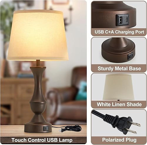 Miniatura 3 de Luvkczc Juego de 2 lámparas de mesa de 22 pulgadas, lámpara de noche marrón vintage con pantalla de tela beige, regulable, puertos USB C+A, lámpara