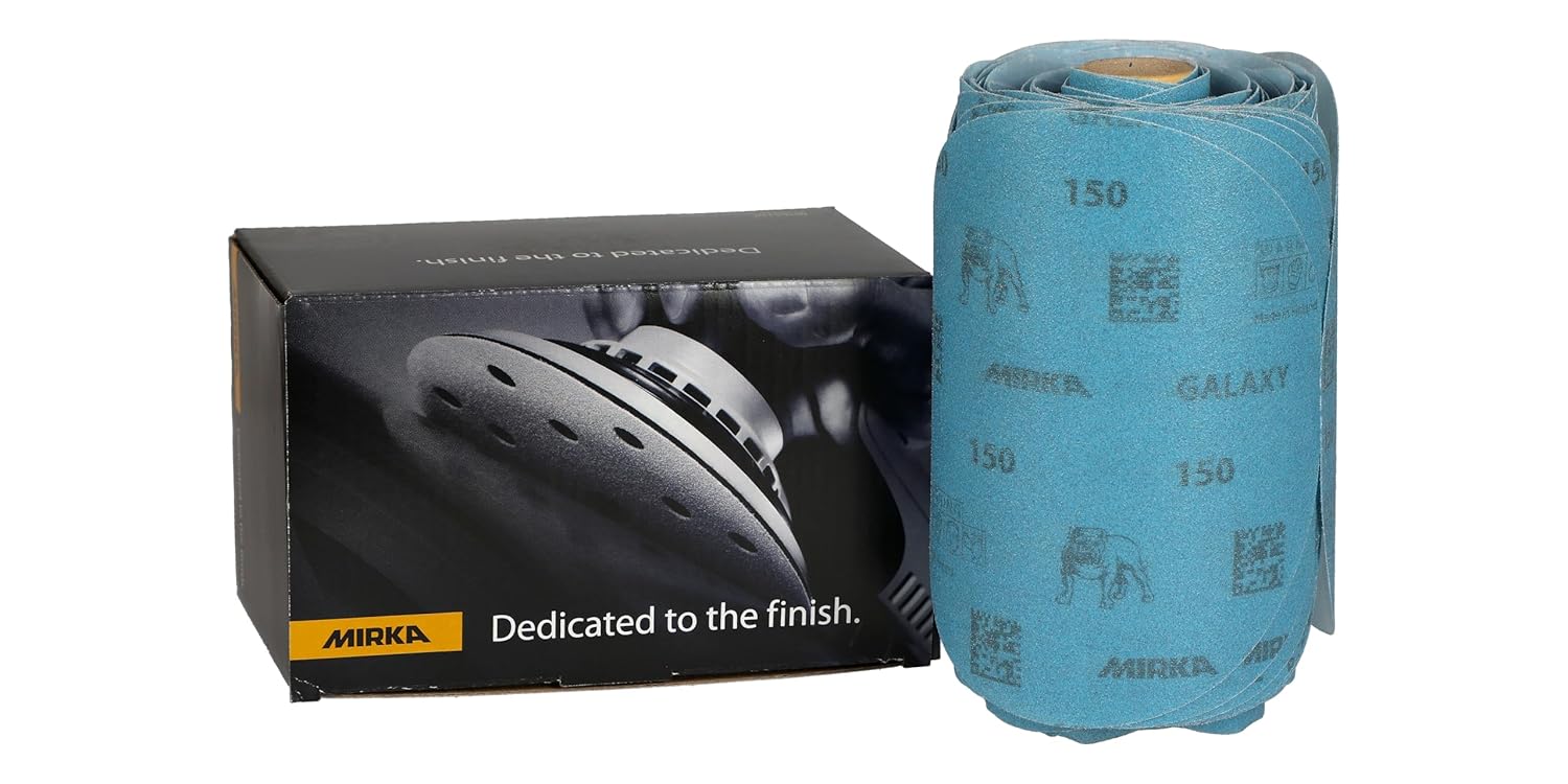 Mirka Galaxy Sandpaper 6 inch - Grit 150, 100 Discs/Linkroll - Self Adhesive PSA - Premium Abrasive for Epoxy Resin, Wood, Metal - Non-Clogging, Self-Sharpening Technology - Ideal for Power Sanders