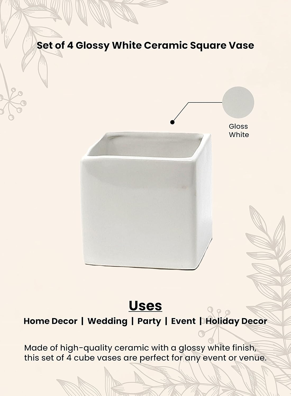 Serene Spaces Living Set of 4 Glossy White Ceramic Square Vase, Succulent Planter, Ceramic Cube Vase for Flowers, Decorative Centerpiece for Home, Office, Wedding,Measures 3" Diameter & 3" Tall