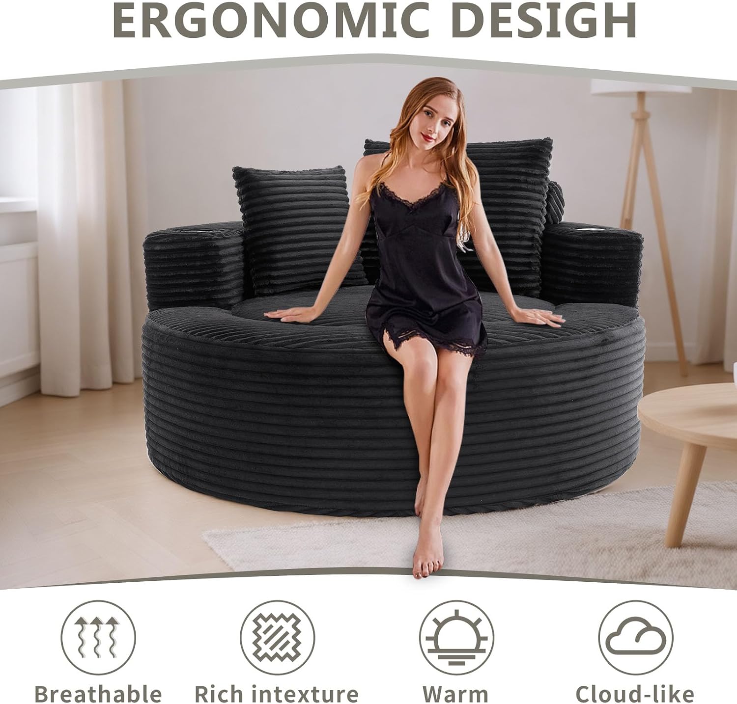 55.5" Oversized Round Cloud Chaise Lounge Chair, Comfy Boneless Couch Chair, Memory Foam Single Sleeper Sofa with 3 Pillows & Cup Holder for Living Room,Bedroom,Apartment,Office (Black)