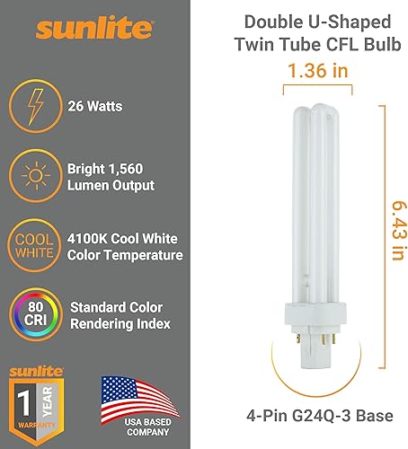 Miniatura 2 de Sunlite PLD26ESP65K10PK 6500K Luz diurna fluorescente 26W PLD doble en forma de U doble tubo CFL bombillas con 4 pines G24Q-3 base (paquete de 10)