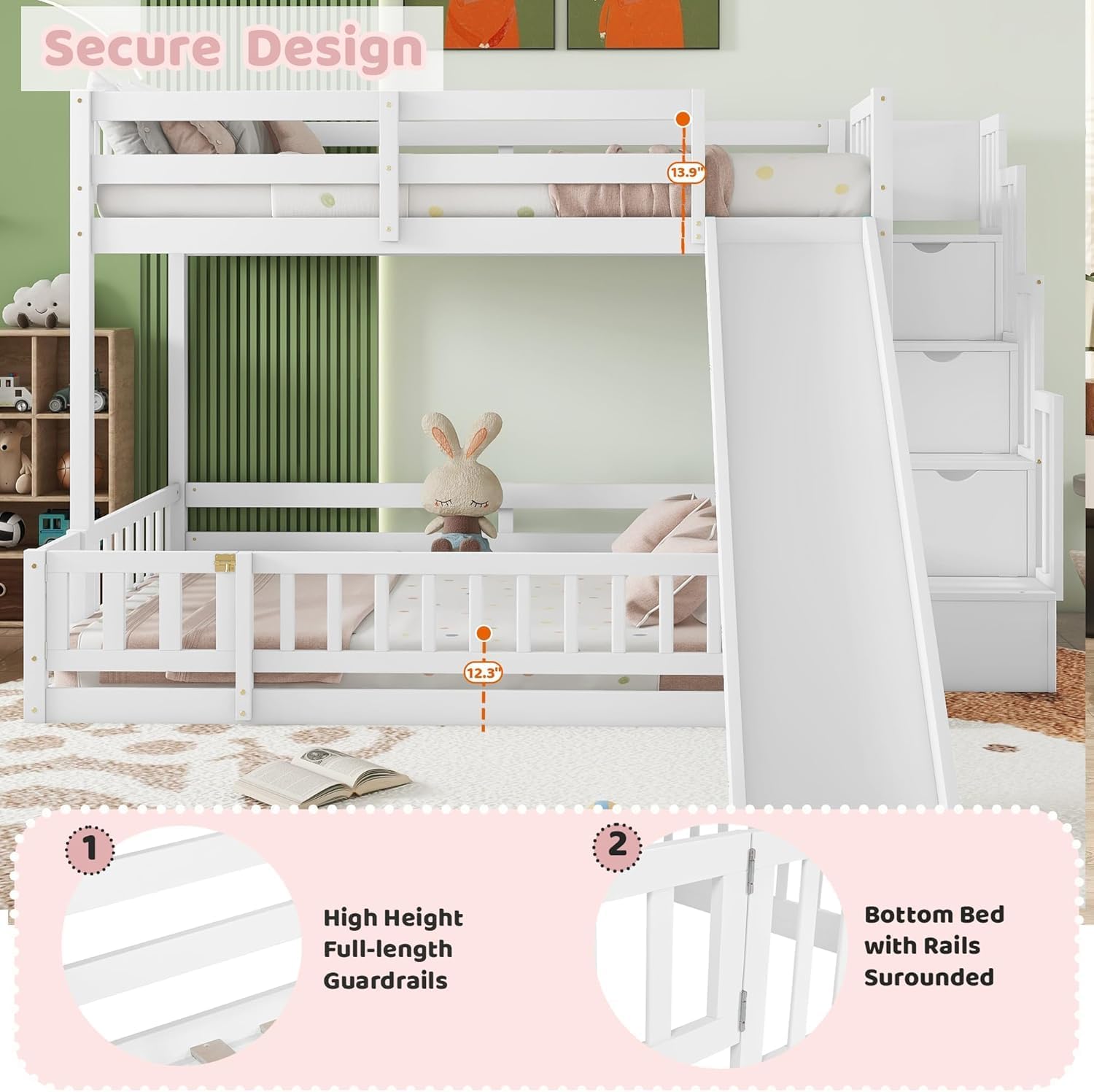 Twin Over Full Bunk Bed with Slide and Storage Stairs, Pine Wood Floor Kids Bunk Beds with Safety Fence Guardrails and Door for Girls Boys, White