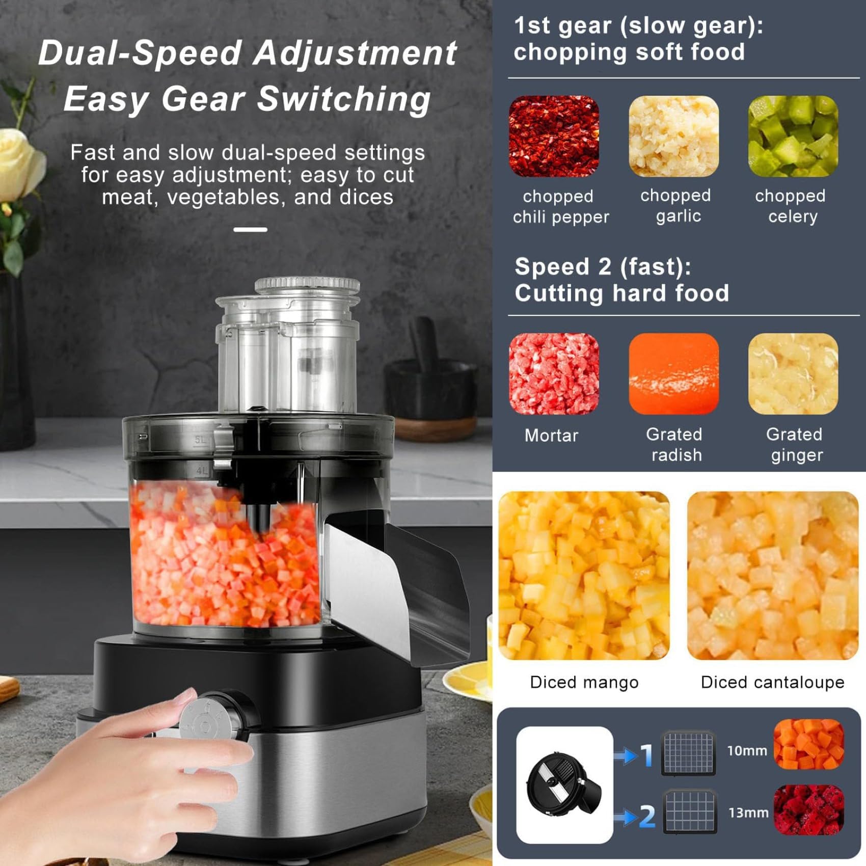 Coupe-légumes électrique, robot culinaire commercial 600 W 5000 ml avec 5 moules interchangeables pour couper en dés, déchiqueter, trancher, équipement de cuisine professionnel en acier inoxydable