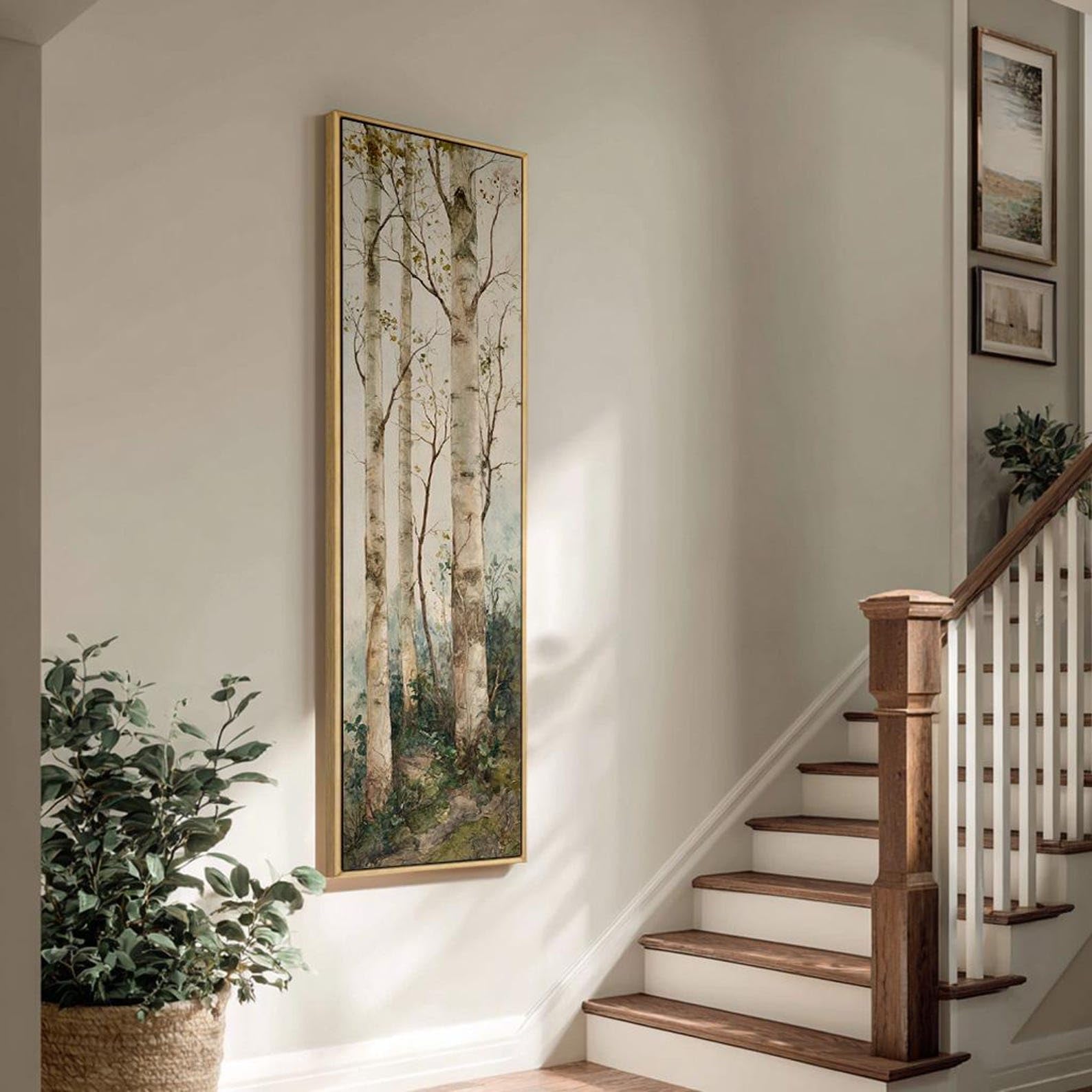 XBTYKPB Quadro su tela alto e stretto, decorazione verticale con betulla, opera d'arte incorniciata, paesaggio moderno con scena naturale, decorazione per interni (50x150 cm/cornice interna)