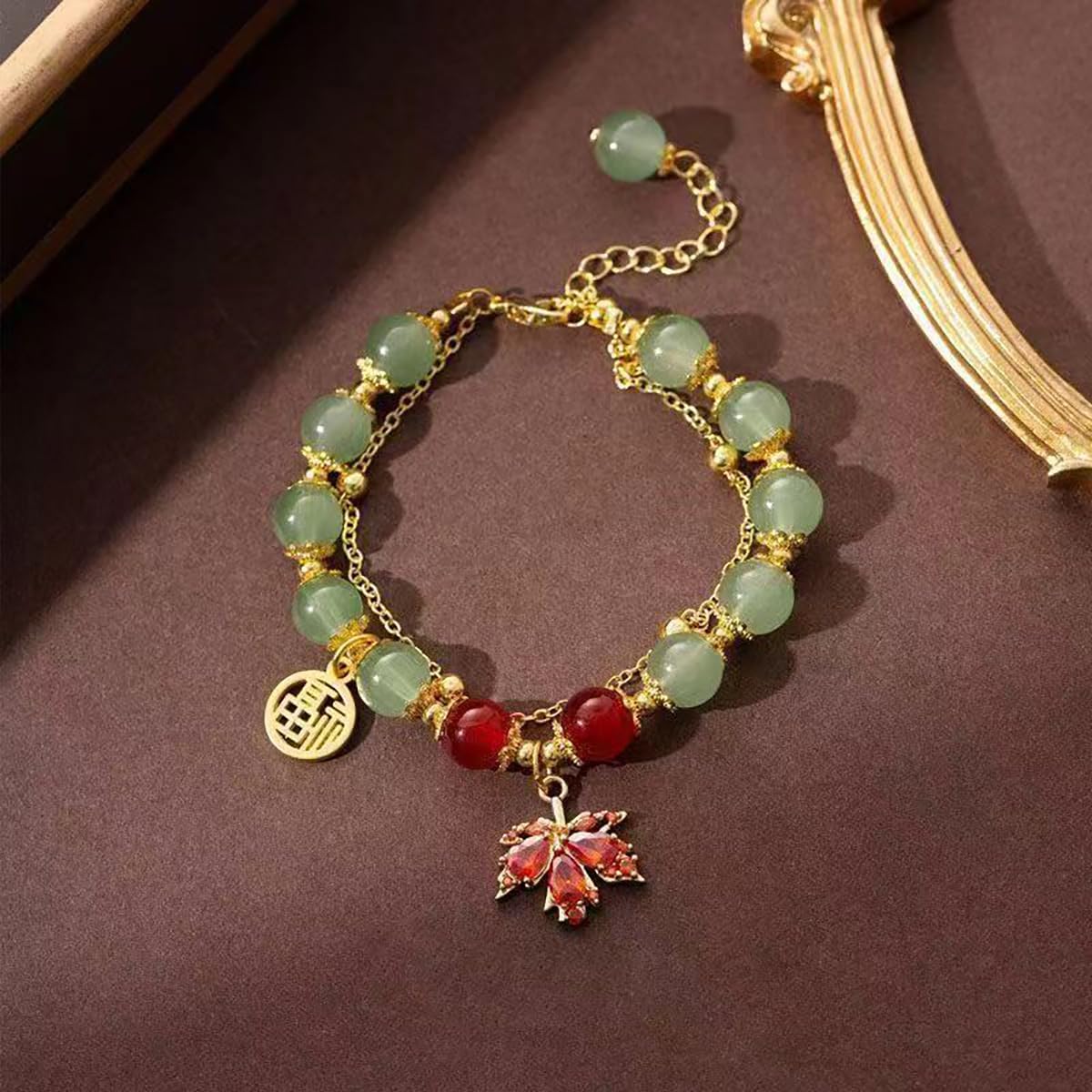 Jade Beaded Bracelets for Women Fall Maple Pendant Bangle Bracelets Chinese Style Bangle Lucky Boho Jewelry - Image 3