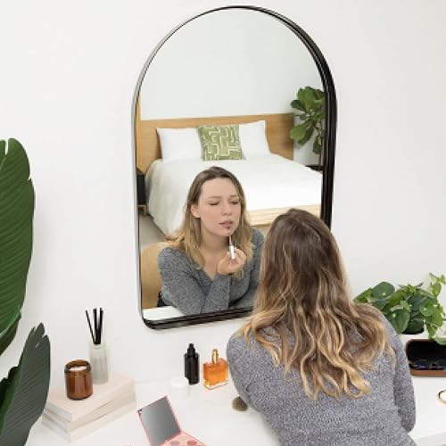 Miniatura 2 de Hamilton Hills Espejo con marco de metal negro cepillado de 24 x 36 pulgadas, espejo colgante para montar en la pared, diseño de esquina superior