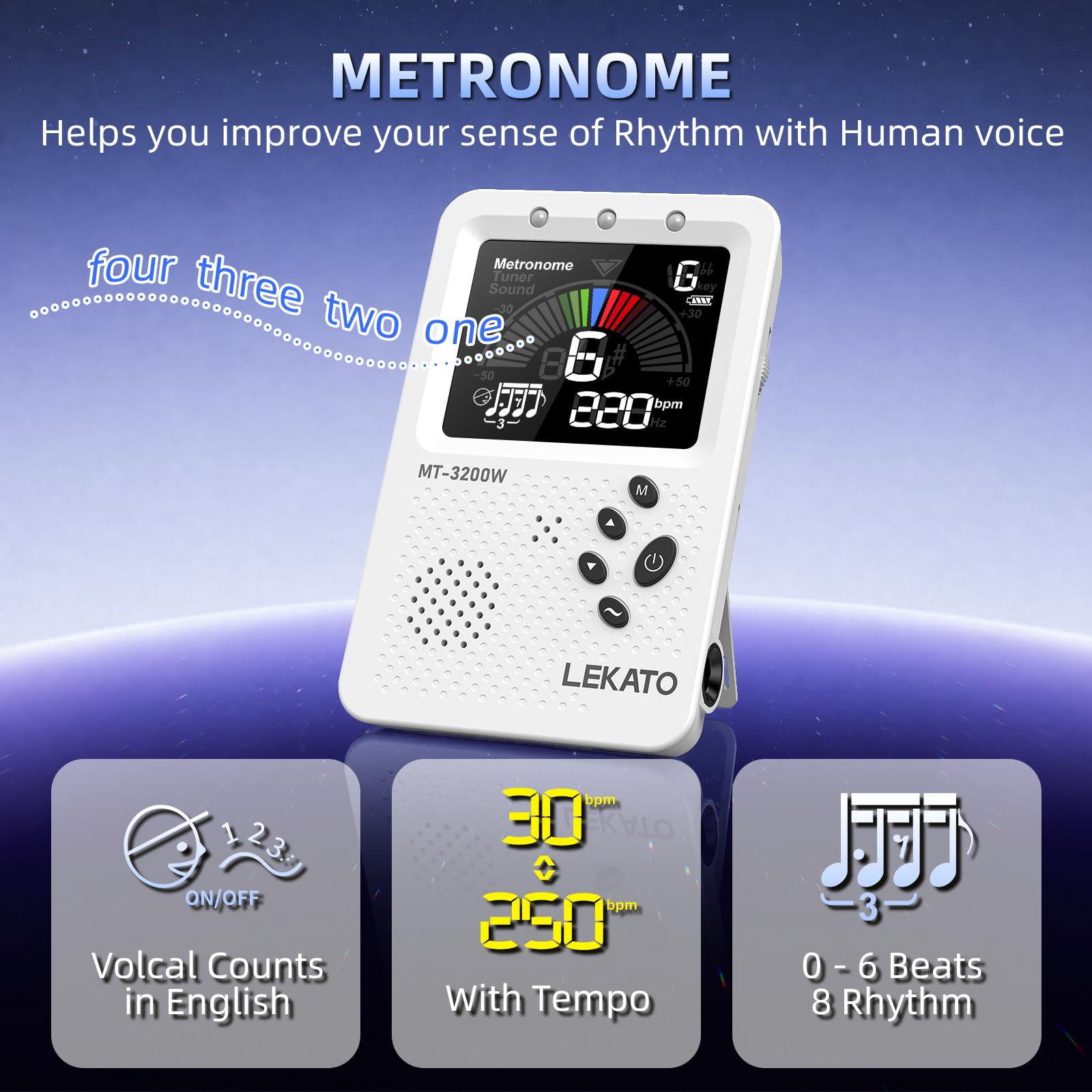 LEKATO Accordeur métronome numérique rechargeable 3 en 1 avec battement vocal humain pour tous les instruments – Guitare, basse, violon, ukulélé, accordeur multifonction chromatique (blanc)