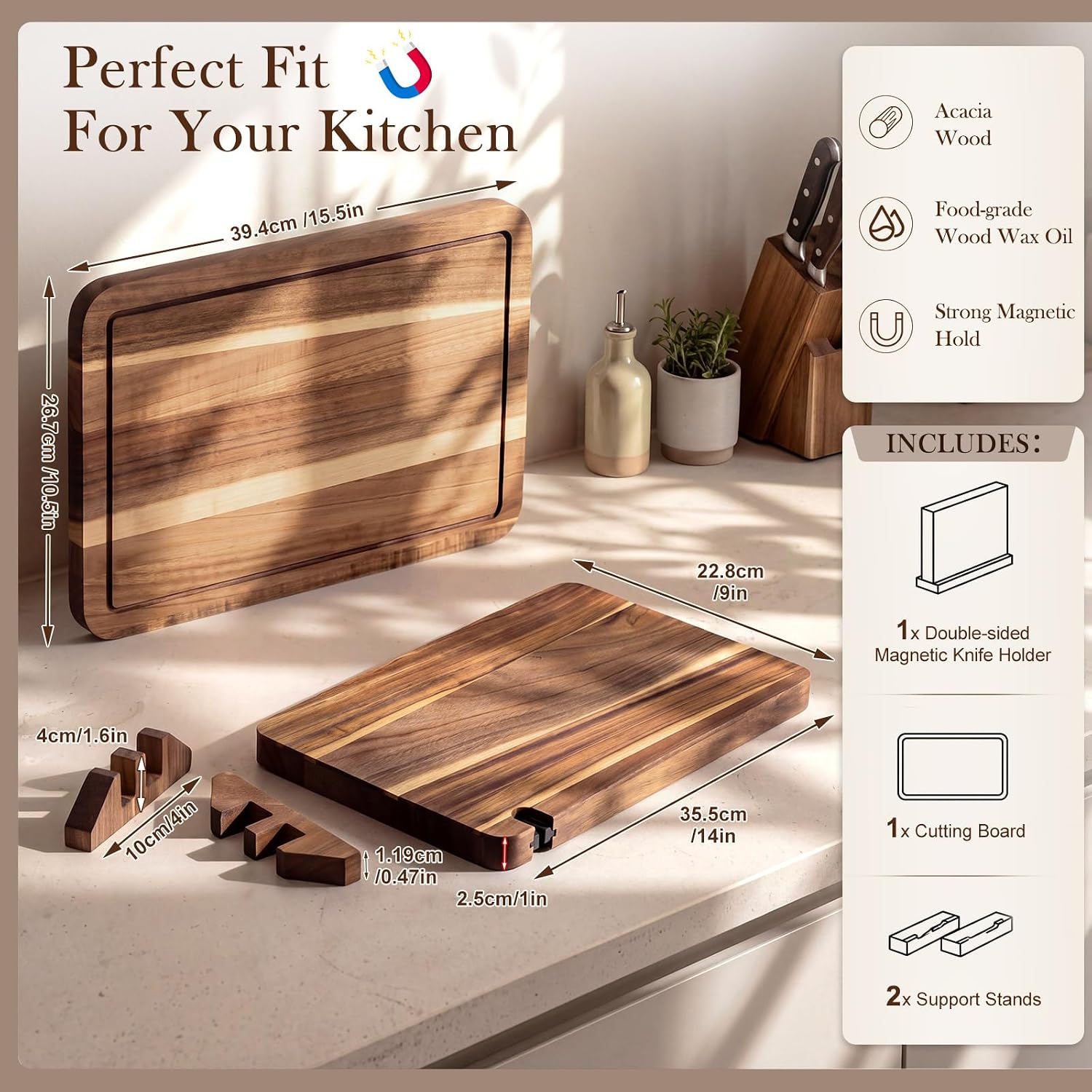 3 in 1 Acacia Wood Magnetic Knife Block, 15.5"x10.5" Cutting Board