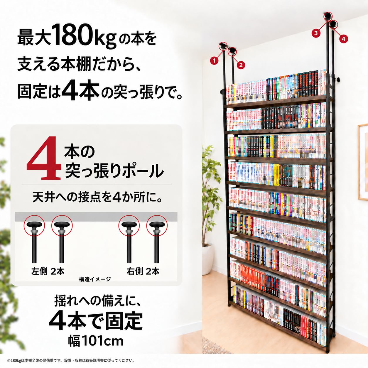 Amazon｜【突っ張りポール4本】 8tail 突っ張り本棚 支柱4本 幅101