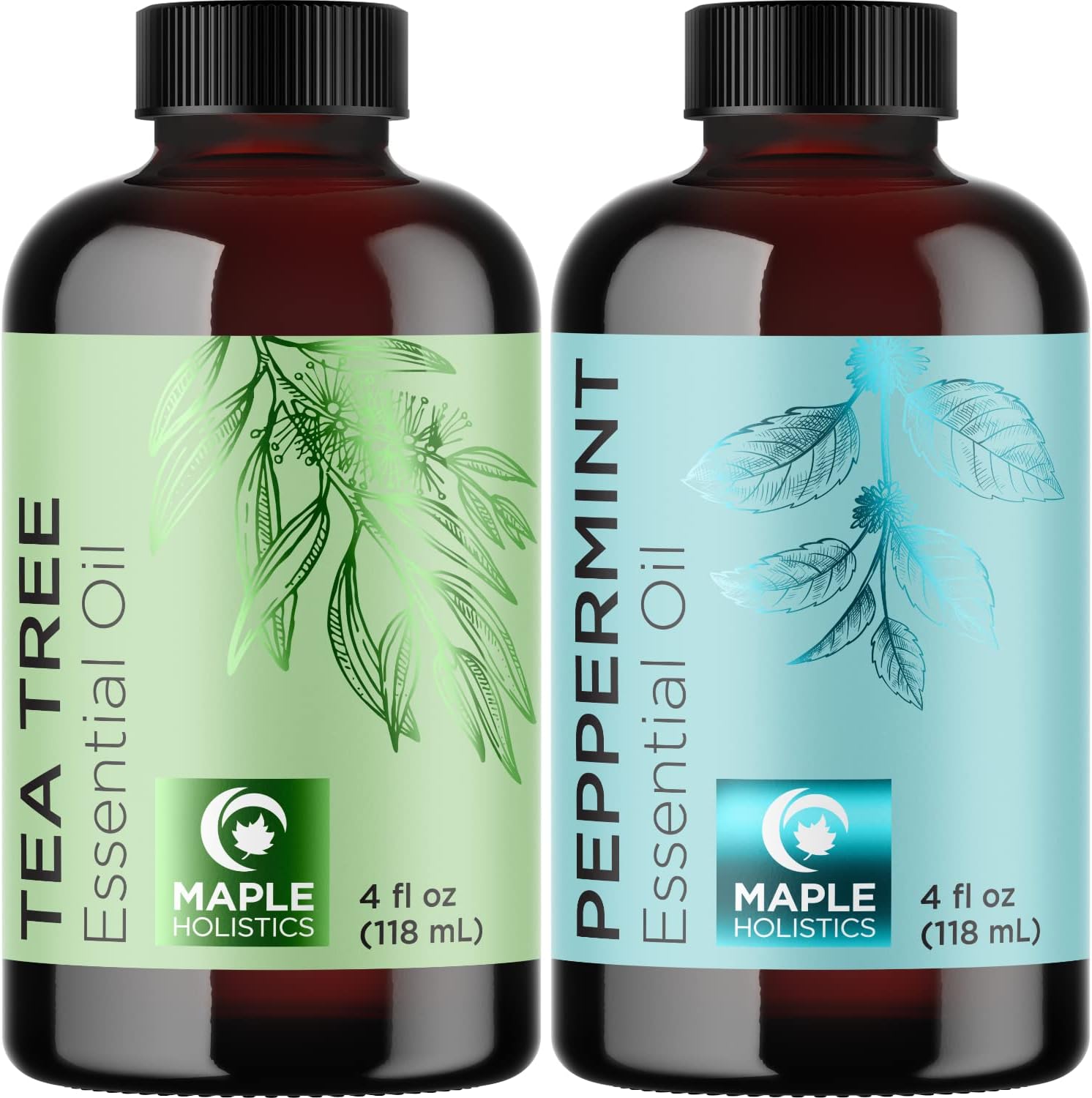Tea Tree and Peppermint Essential Oils for Hair - Pure Tea Tree Essential Oil and Peppermint Oil Set - Undiluted Tea Tree and Peppermint Pure Essential Oils for Hair Skin and Nails Plus Scalp Care