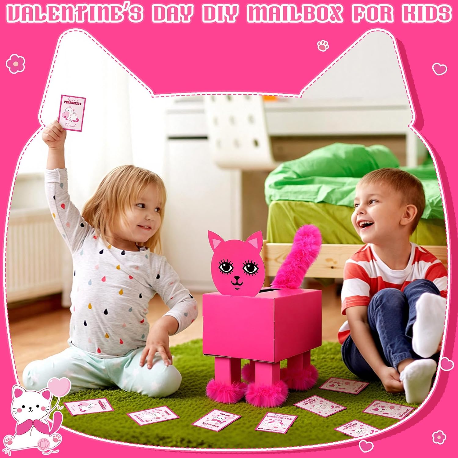 Eaasty Pink Kitty Valentine Boxes for Kids DIY Valentines Day Mailbox Kits with 32 Cute Kitty Valentine Cards for Boys Girls Toddlers School Class Classroom Gifts Exchange & Greeting Craft Party Favor