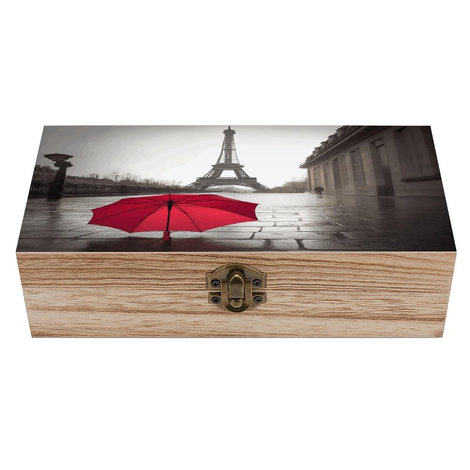 Eiffel Tower Paris Street Red Umbrella Wood Keepsake Box Wooden Box with Hi