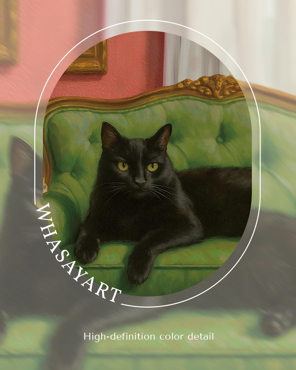 Vintage Gold Framed Black Cat Wall Art 12x16 Canvas Print, Retro Animal Artwork Feline Sitting on Sofa with Martini Glass, Modern Pet Portrait Painting Living Room Bedroom Office Lounge Decor