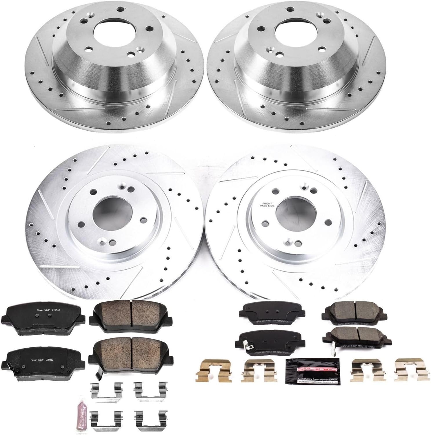 PowerStop Front and Rear Brake Kit For Hyundai Santa Fe Sport 2013-18 | Kia Sorento 2014-15 - Drilled and Slotted Disc Rotors with Ceramic Brake Pads Replacement, K8009