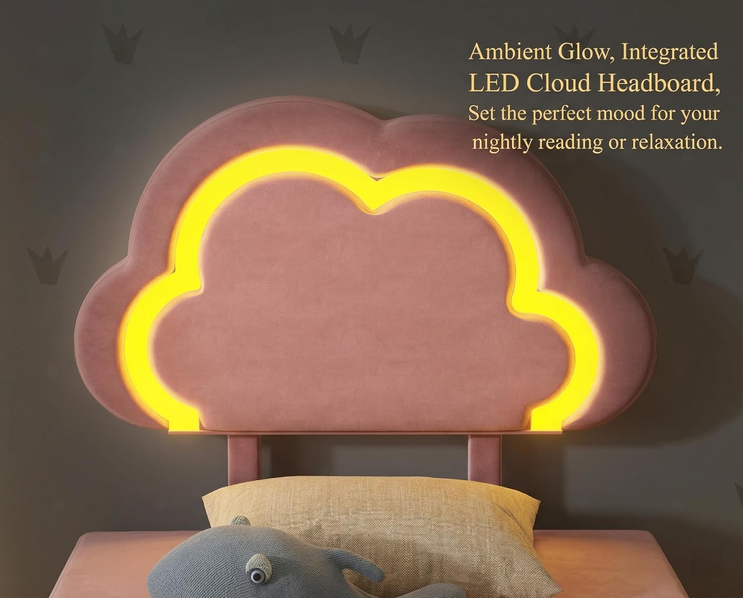 Full Size Bed Frame with Cloud Headboard,Floating Full Bed Frame with Charging Station&LED Lights,Velvet Upholstered Platform Bed Frame for Kids/Girls,Wood slat support,No Box Spring Needed,Pink | Cloud Headboard, Charging Station, LED, Floating Bed Frame, Velvet Upholstered