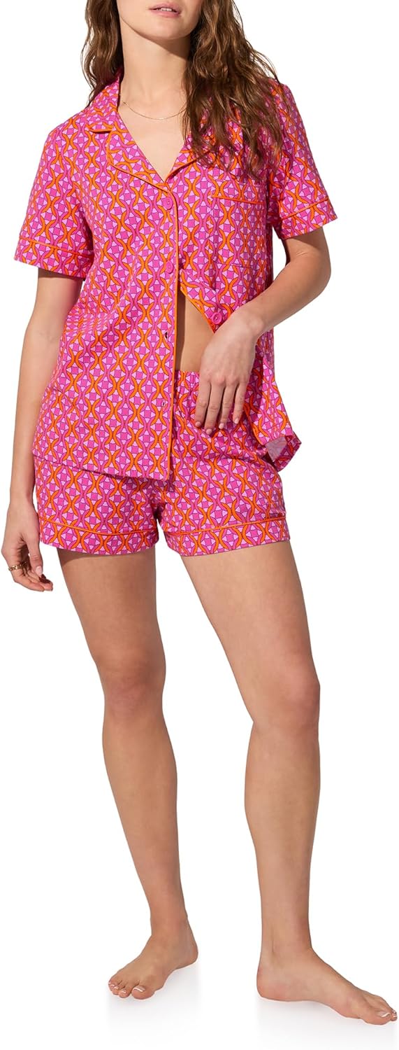 Trina Turk Womens Short Sleeve Notch Collar & Shorts Sleepwear Pajama Set, Organic Cotton
