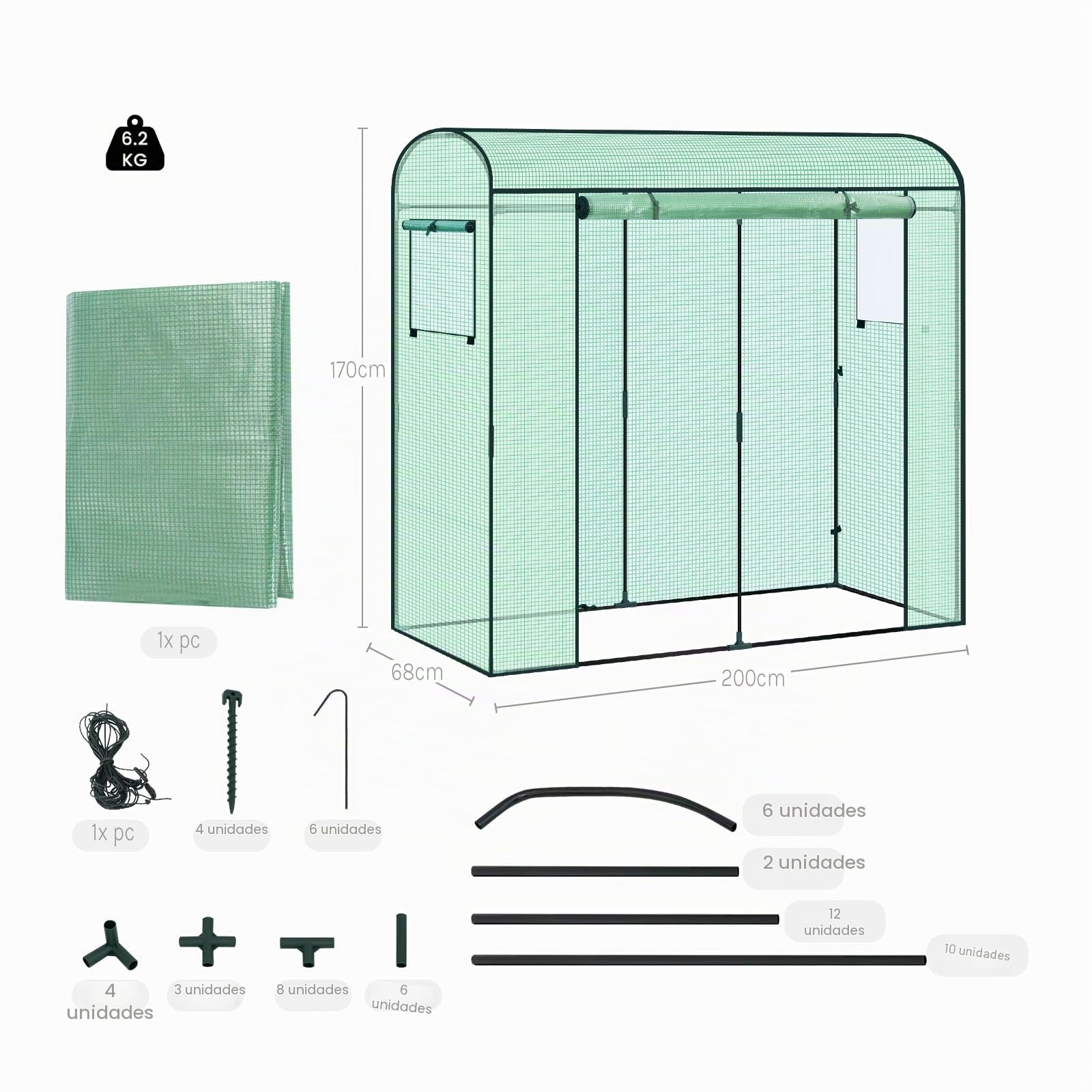 WOLTU Invernadero de Jardín Túnel, 2 Ventanas, Verde, 170x50x200cm | Acero Galvanizado; PE 140g/m²; Puerta de Cremallera; Enrollable; Laterales; Jardín