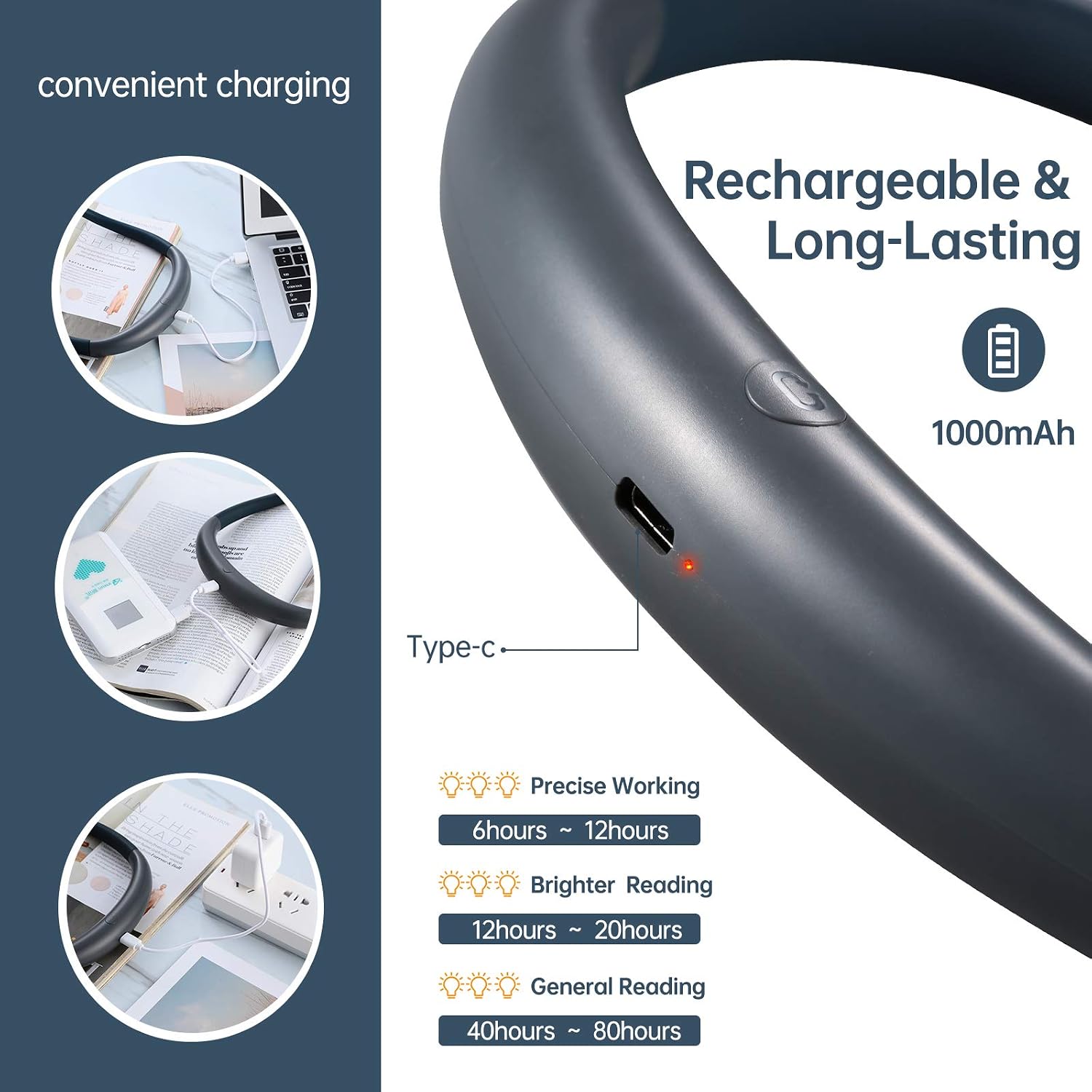 wasage LED Neck Reading Light, Rechargeable Book Lights for Reading in Bed, 6 Brightness, 2 Flexible Arms Comfortable Wear,Perfect for Reading,Knitting,Camping,Repairing,Craft, Grey