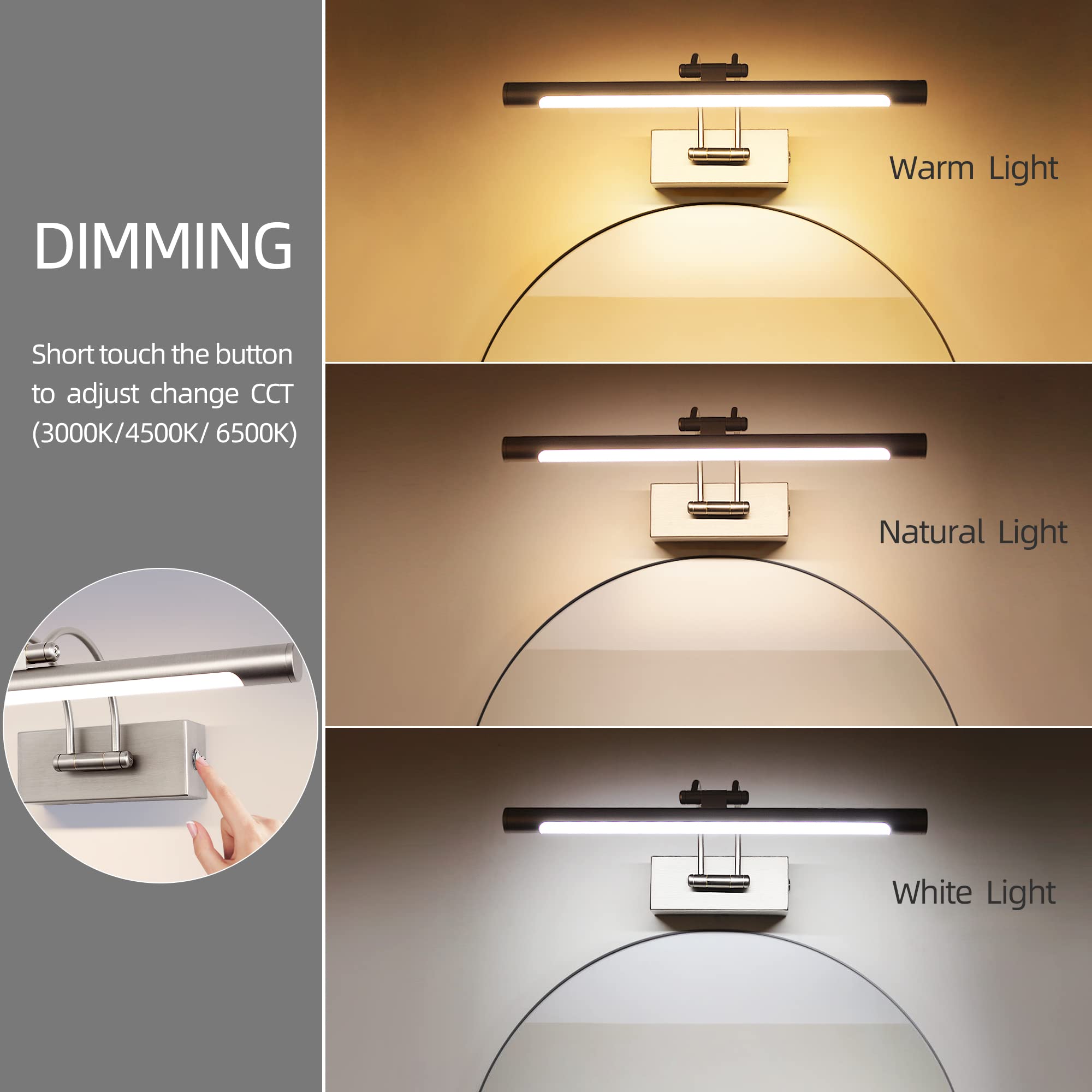 MantoLite Dimmbar Bild Wandleuchte 8w Nickel 40cm LED Badspiegel mit Drehbarem Lampenkopf 3000K/4500K/6000K