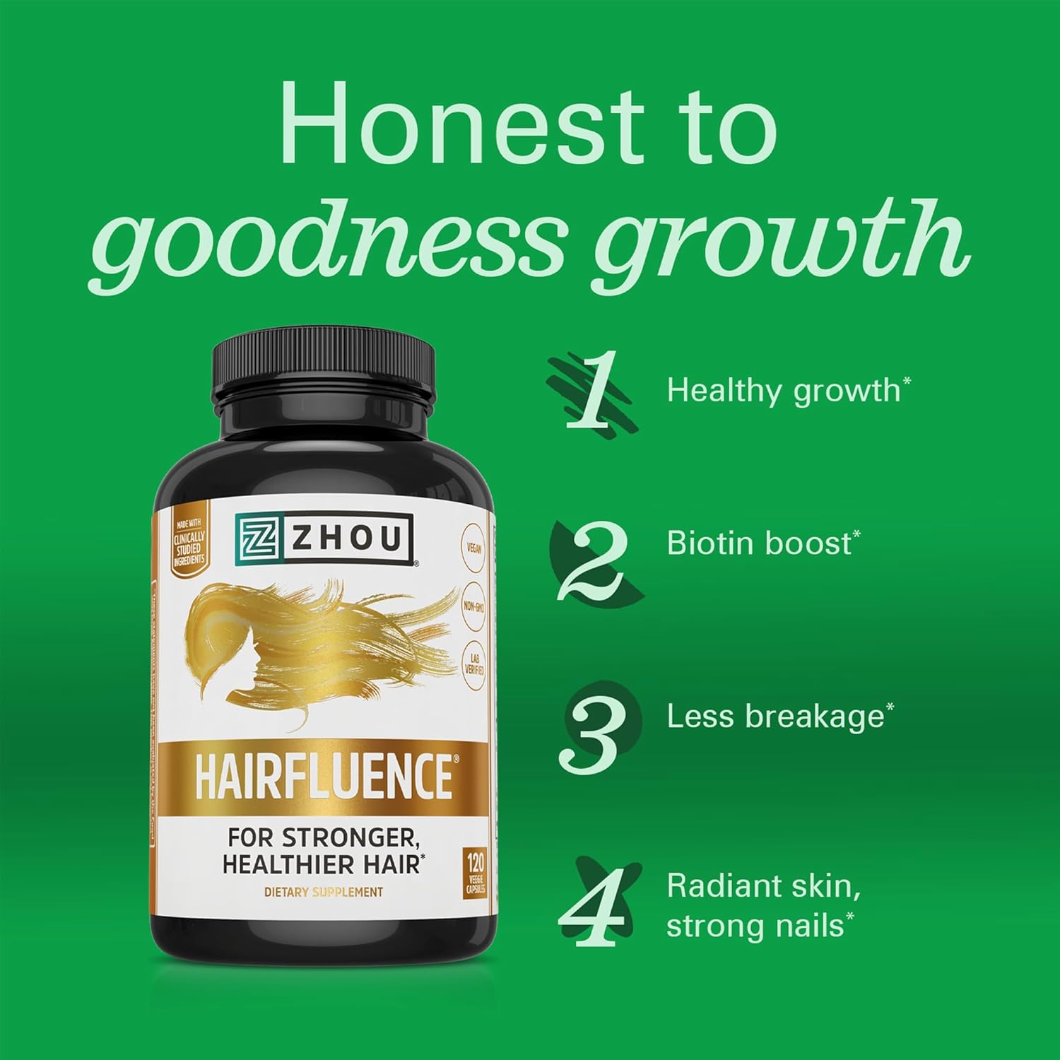 Zhou Hairfluence - Vegan Biotin Supplement for Hair Growth for Men & Women, Lustriva Hair Growth Supplement for Nails & Glowing Skin with B Vitamin Complex & Keranat - 120 Capsules (Pack of 1) - Image 3